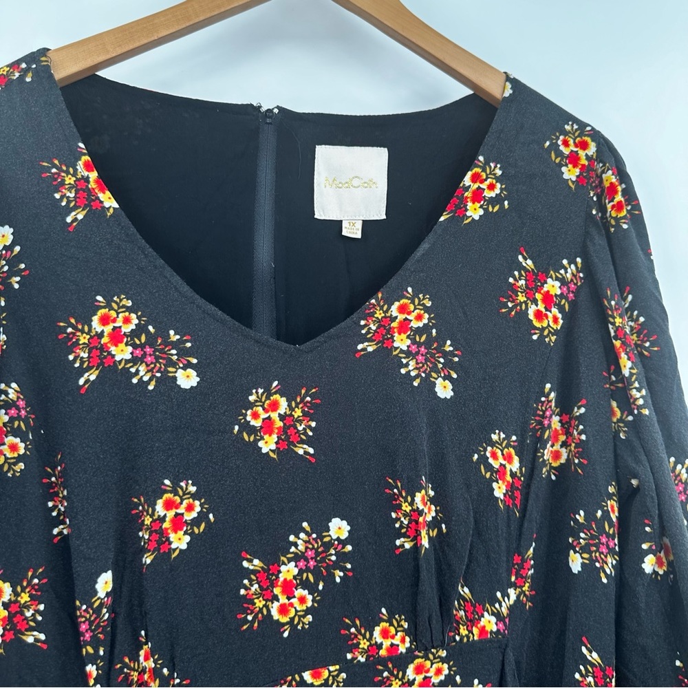 ModCloth Black Floral A-Line Dress with Red & Yellow Blossoms - Picture 2 of 6